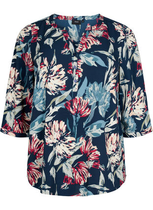 Zizzi Bluzka w kwiaty z rekawami 3/4, Navy Flower, Packshot image number 0