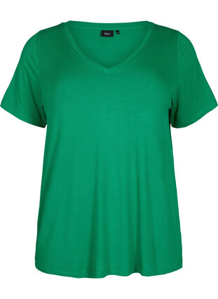 Zizzi Prazkowany t-shirt z wiskozy z dekoltem w szpic, Jolly Green, Packshot image number 0