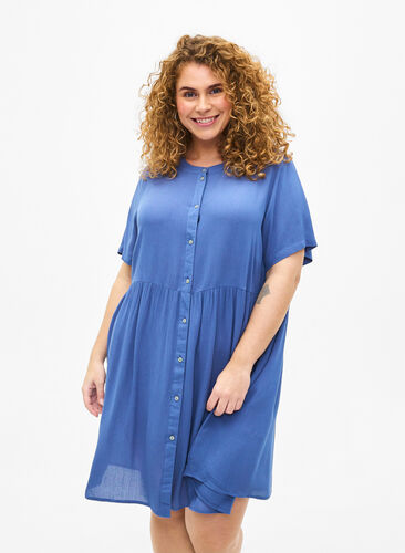 Zizzi Trapezowa sukienka z wiskozy z krótkimi rekawami, Moonlight Blue, Model image number 0