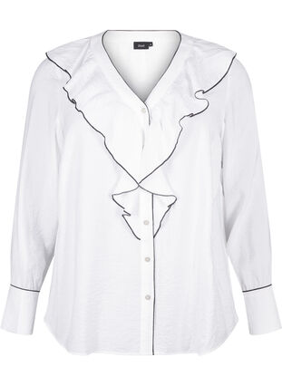 Zizzi Bluzka koszulowa z wiskozy z dlugim rekawem i falbanka, Bright White, Packshot image number 0