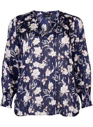 Zizzi Printed top with smock and v-neckline, Blue Flower, Packshot image number 0