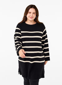 Dzianinowa sukienka z okraglym dekoltem i rozcieciem, Black Birch Stripes, Model