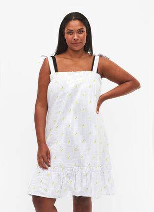 Zizzi Bawelniana sukienka plazowa z wiazanymi ramiaczkami, Lemon Print, Model image number 0