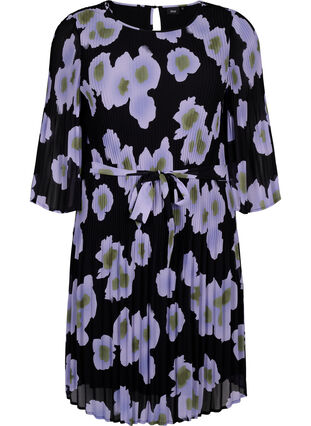 Zizzi Wzorzysta plisowana sukienka z wiazaniem w pasie, Black w. Floral, Packshot image number 0