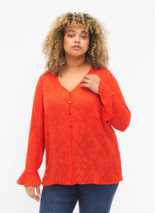 Zizzi Zakardowa koszula z dlugimi rekawami, Orange.com, Model image number 0