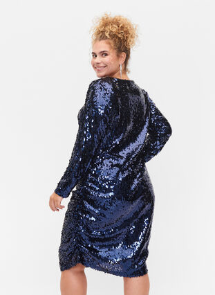 Zizzi Dress with sequins and v-neckline, Evening Blue, Model image number 1