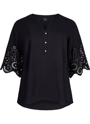 Bluzka koszulowa z haftem angielskim i rekawami 3/4, Black, Packshot image number 0