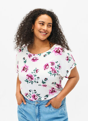 Zizzi Kwiatowa bluzka z wiskozy z krótkim rekawem, White Pink AOP, Model image number 0