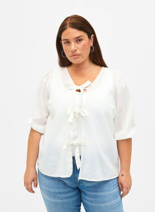 Zizzi Bawelniana bluzka z rekawem 3/4, uszyta z mieszanki bawelny z lnem, Bright White, Model image number 0