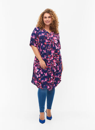 Zizzi Viscose midi dress with floral print, B. Blue Pink Flower, Model image number 2