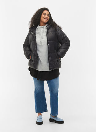 Zizzi Short puffer jacket with hood, Black, Model image number 2