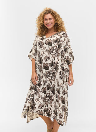 Zizzi Printed caftan viscose dress, Beige Leaf, Model image number 0