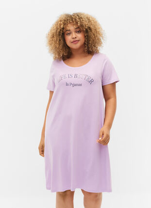 Zizzi Short-sleeved cotton nightdress, Lilac Breeze w. Life, Model image number 0