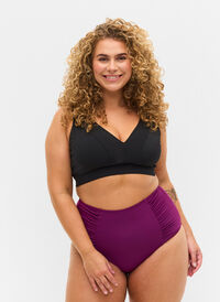 High-waisted bikini bottom with ruching, Dark Purple, Model