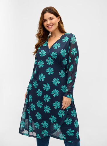 Zizzi Printed wrap mesh dress, Night Sky w Green , Model image number 0