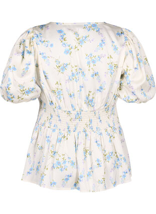 Zizzi Satynowa bluzka w kwiaty z bufiastymi rekawami, Off White Blue Fl., Packshot image number 1