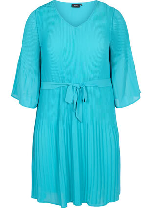 Zizzi Pleated dress with 3/4 sleeves, Turquoise, Packshot image number 0