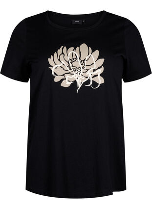 Zizzi T-shirt z motywem, Black w. Flower, Packshot image number 0