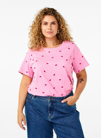 T-shirt z bawelny organicznej z wyszywanymi ustami, Rose Bl. Lips Emb. , Model