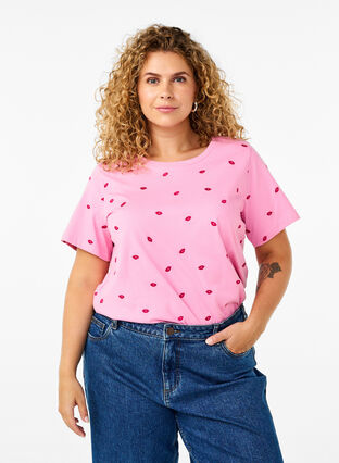 Zizzi T-shirt z bawelny organicznej z wyszywanymi ustami, Rose Bl. Lips Emb. , Model image number 0