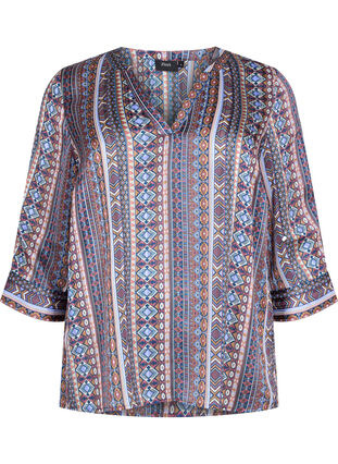 Zizzi Bluzka z nadrukiem i rekawami 3/4, Brown Blue Ethnic, Packshot image number 0