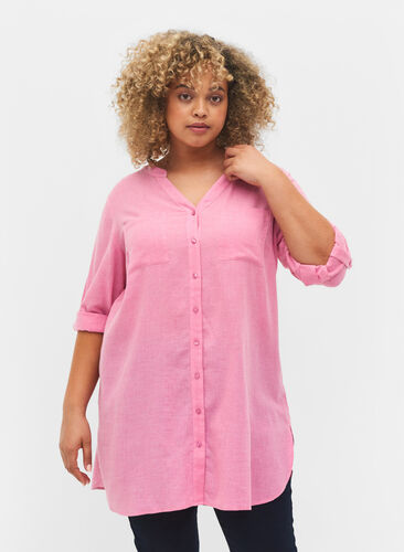 Zizzi Long shirt with 3/4 sleeves and v-neckline, Rosebloom, Model image number 0