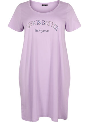 Zizzi Short-sleeved cotton nightdress, Lilac Breeze w. Life, Packshot image number 0