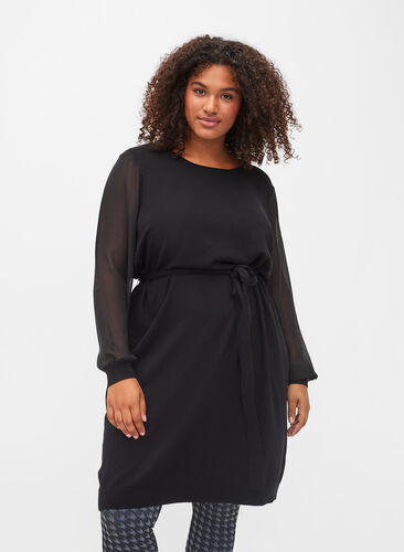 Zizzi Knitted dress with sheer sleeves, Black, Model image number 0