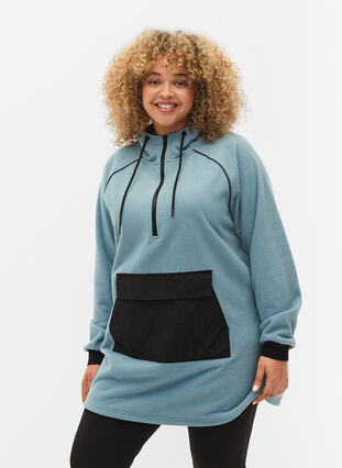 Zizzi Long fleece anorak with zip, Smoke Blue w. Black, Model image number 0