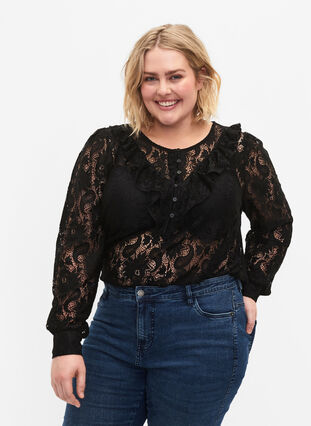 Zizzi Lace top with frill detail, Black, Model image number 0