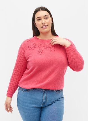 Zizzi Knitted jumper with flower details, Hot Pink, Model image number 0