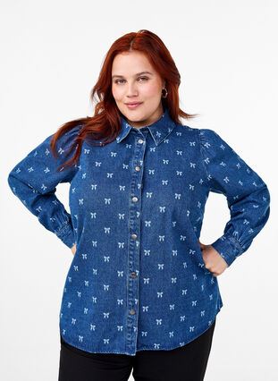 Zizzi Koszula dzinsowa w serca, Denim Blue W. Wh.Bow, Model image number 0