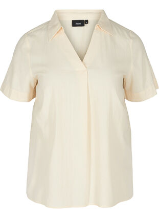 Zizzi Short-sleeved cotton blouse with v-neck and collar, Mother Of Pearl, Packshot image number 0