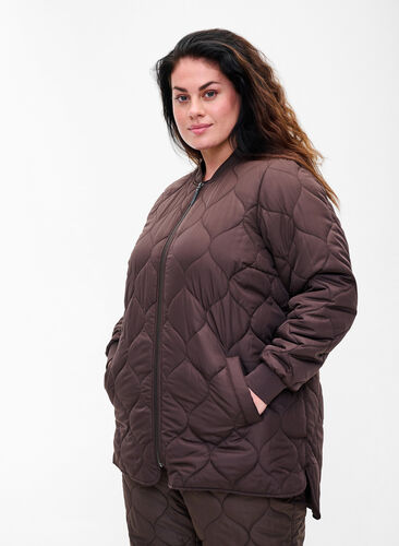 Zizzi Quilted thermal jacket with zip, Black Coffee, Model image number 0