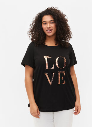 Zizzi 	 Short sleeve cotton t-shirt with print, Black W. Love , Model image number 0