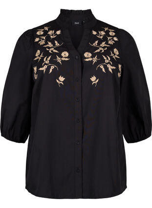 Zizzi Bluzka koszulowa z haftowanymi kwiatami i rekawami 3/4, Black W. Beige Emb. , Packshot image number 0