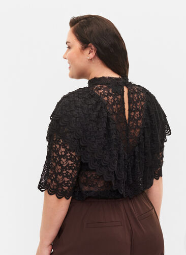 Zizzi Lace top with ruffles and 2/4 sleeves, Black, Model image number 1