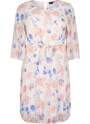 Zizzi Wzorzysta plisowana sukienka z wiazaniem w pasie, White/Blue Floral, Packshot image number 0