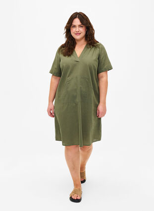 Zizzi Sukienka z kapturem z mieszanki bawelny i lnu, Deep Lichen Green, Model image number 2