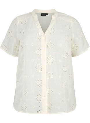 Zizzi Bluzka koszulowa z krótkim rekawem i haftem angielskim, Antique White, Packshot image number 0