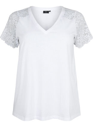 Zizzi Bawelniany t-shirt z krótkimi, koronkowymi rekawami, Bright White, Packshot image number 0