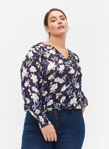 Zizzi Printed top with smock and v-neckline, Blue Flower, Model image number 0