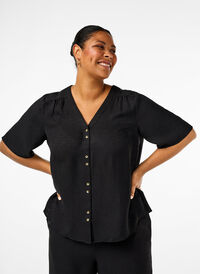 Bluzka koszulowa z dekoltem w szpic i krótkimi rekawami, Black, Model