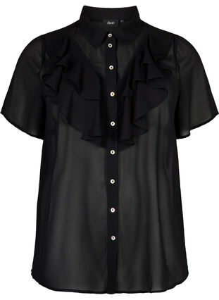 Zizzi Bluzka koszulowa z krótkim rekawem i falbanami, Black, Packshot image number 0