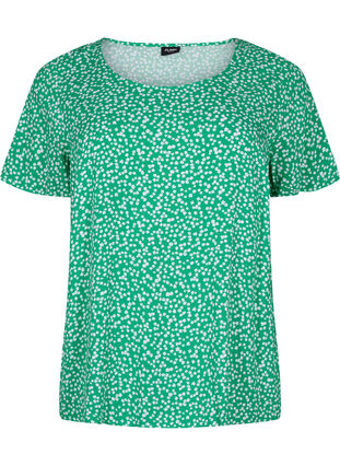 Zizzi FLASH – bluzka z wiskozy z krótkim rekawem i nadrukiem, Bright Green Wh.AOP, Packshot image number 0