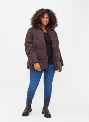 Zizzi Short winter jacket with zip and high collar, Black Coffee, Model image number 2