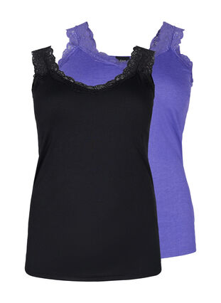 Zizzi 2-pack top with lace, Black/Purple Coral, Packshot image number 0