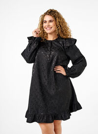 Zakardowa sukienka z dlugim rekawem i falbanami, Black, Model