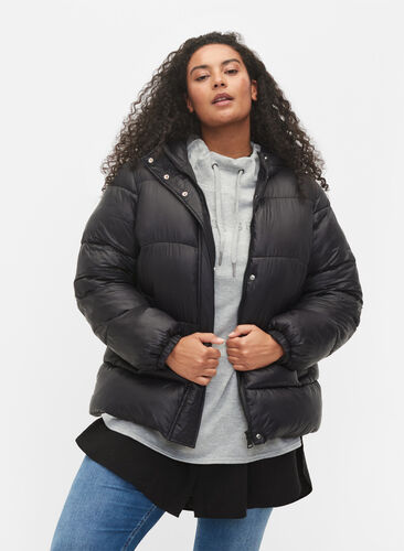 Zizzi Short puffer jacket with hood, Black, Model image number 0