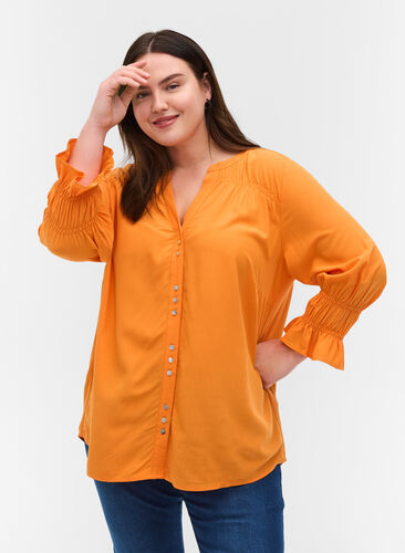 Zizzi Viscose blouse with button fastening and 3/4-length sleeves, Tangelo, Model image number 0